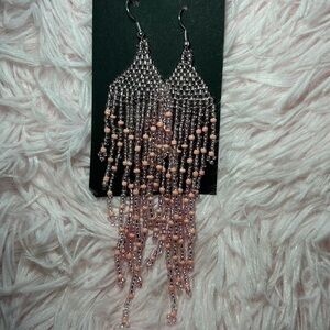 Clear & Blush Beaded Fringe Earrings | Elegant Long Fringe